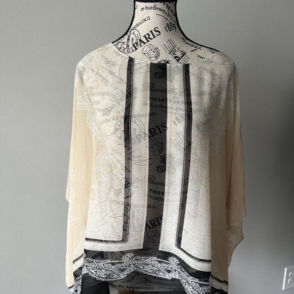 New York & Company Sheer Striped Poncho Top - Size M - Black & Beige Pattern - Picture 1 of 3